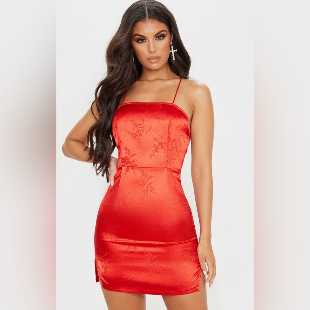 PrettyLittleThing Red Satin lace up bodycon dress